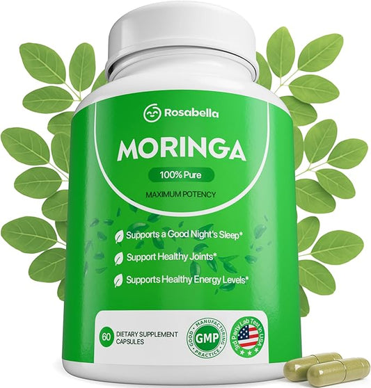 Rosabella Moringa Cápsulas – Polvo de moringa puro, energía, piel, inmune y salud intestinal, superalimento rico en antioxidantes, vitaminas esenciales y aminoácidos, suplemento de superalimento verde