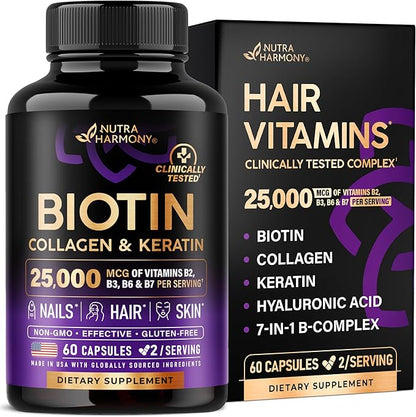 Biotina Ultra Efectiva | Con Colágeno y Keratina 25000 mcg - 60 Cápsulas