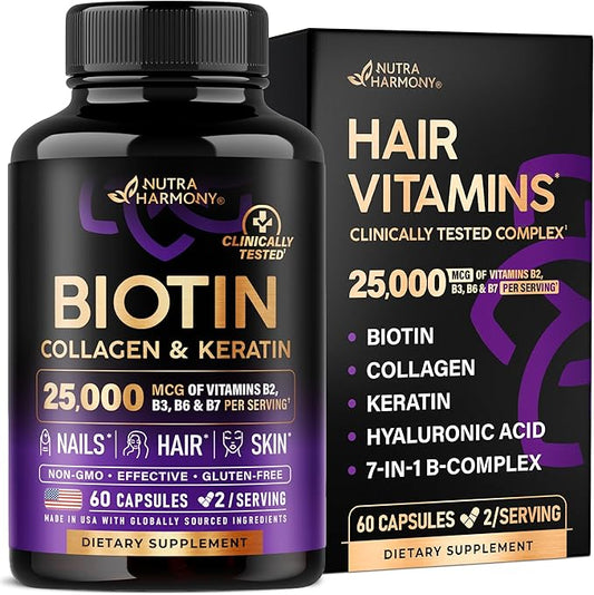 Biotina Ultra Efectiva | Con Colágeno y Keratina 25000 mcg - 60 Cápsulas